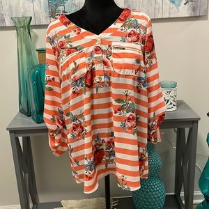 Coral striped blouse with rose pattern